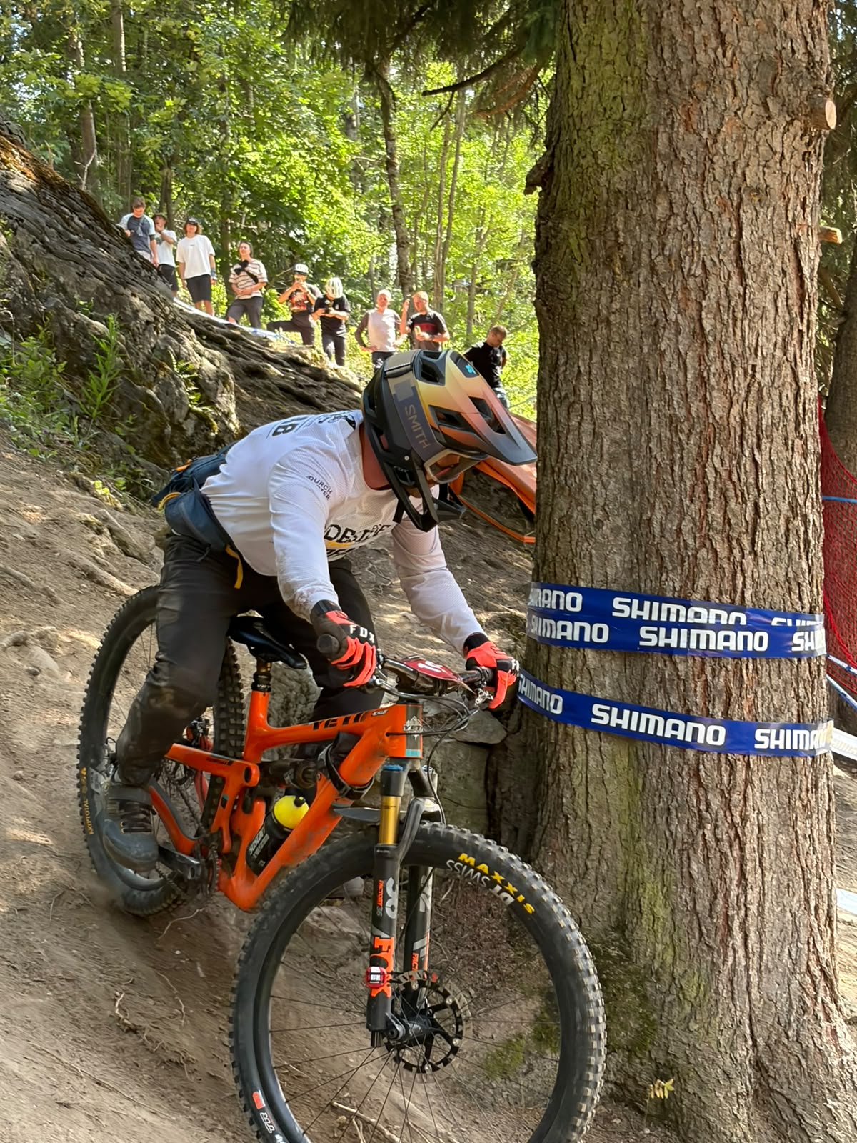 Enduro-Rennfahrer in technischem Wurzelgelände