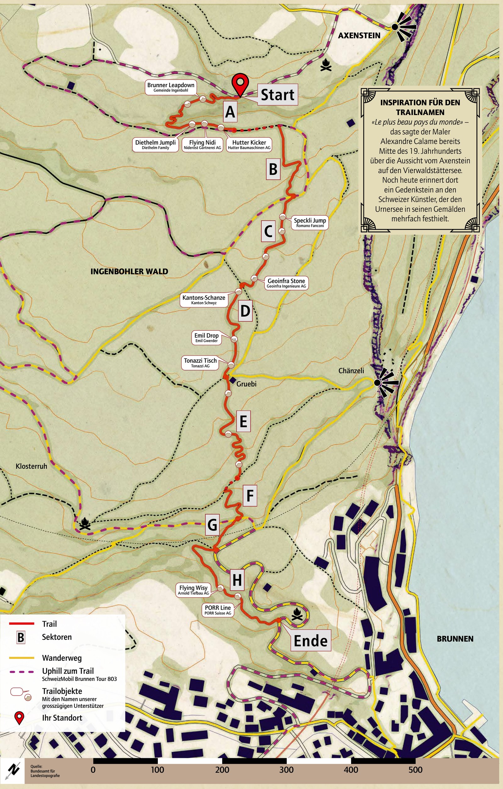 Trailkarte «Le plus Beau» mit Sektoren A–H, Start und Ende